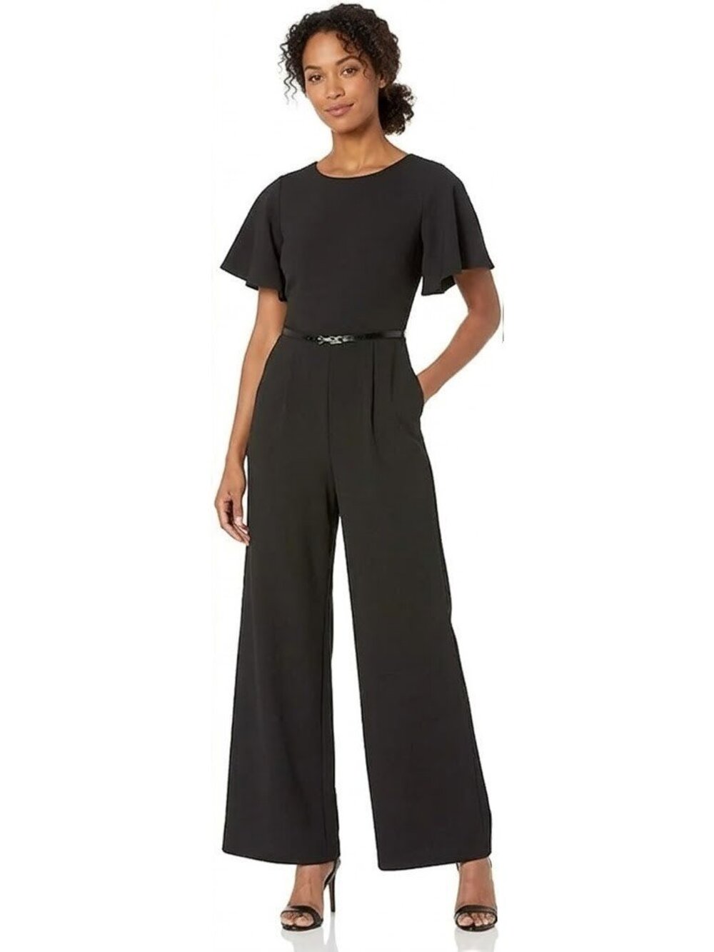 NWT Calvin Klein Belted Ruffle-Sleeve Jumpsuit in Black Scuba Crepe 4